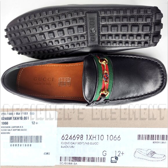 GUCCI mens 12.5 black AYRTON leather Horsebit DOUBLE G WEB Driver Moccasin shoes - Picture 4 of 12